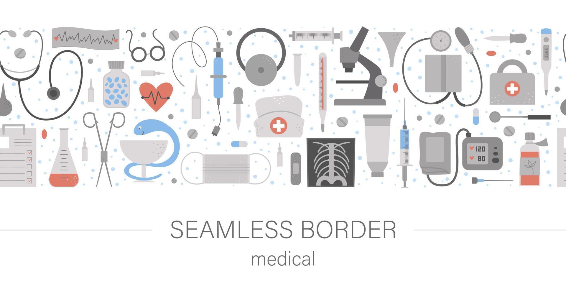 Vektor nahtlose Musterpinsel mit flachen medizinischen Symbolen. medizin oder krankenversicherung, forschungsgrenzhintergrund. Horizontales digitales Papier für Gesundheits- und Laborgeräte.