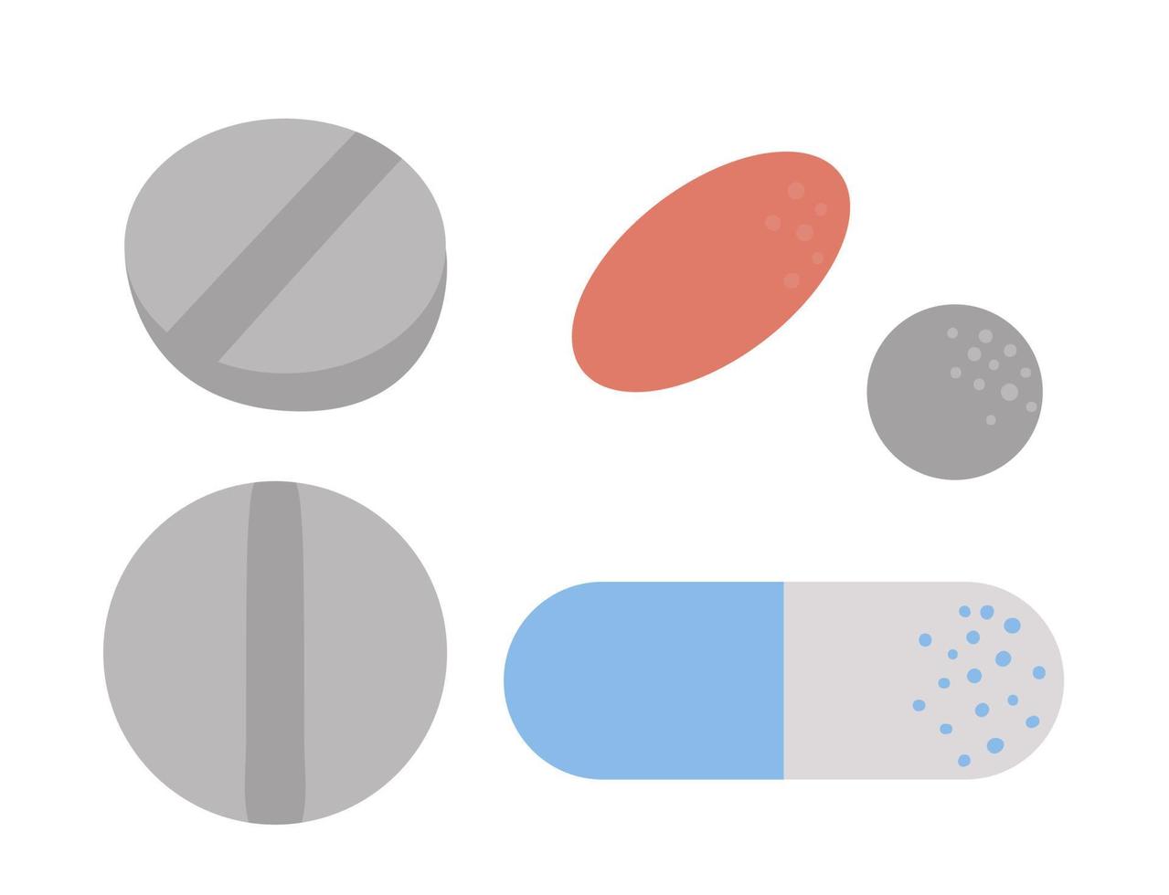 Satz flache medizinische Ikonen des Vektors. Sammlung von Medikamenten und Pillen isoliert auf weißem Hintergrund. medizinische Behandlung ClipArt vektor