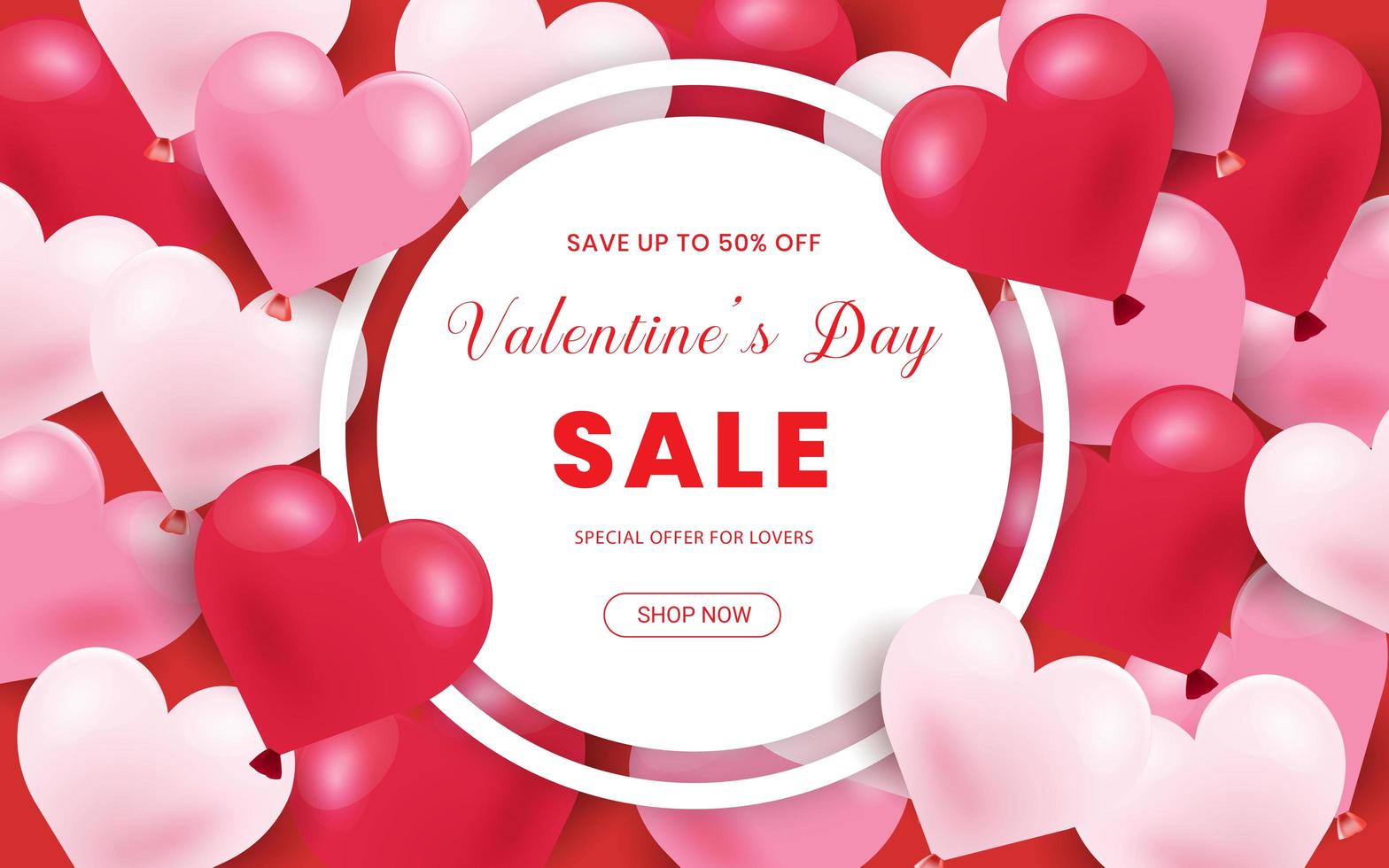 Happy Valentine&#39;s Day, 50% Sale banner. Semesterbakgrund med gränsramen gjord av realistiska hjärtformade röda, rosa och vita ballonger. Horisontell affisch, reklamblad, gratulationskort, rubrik för webbplats. vektor