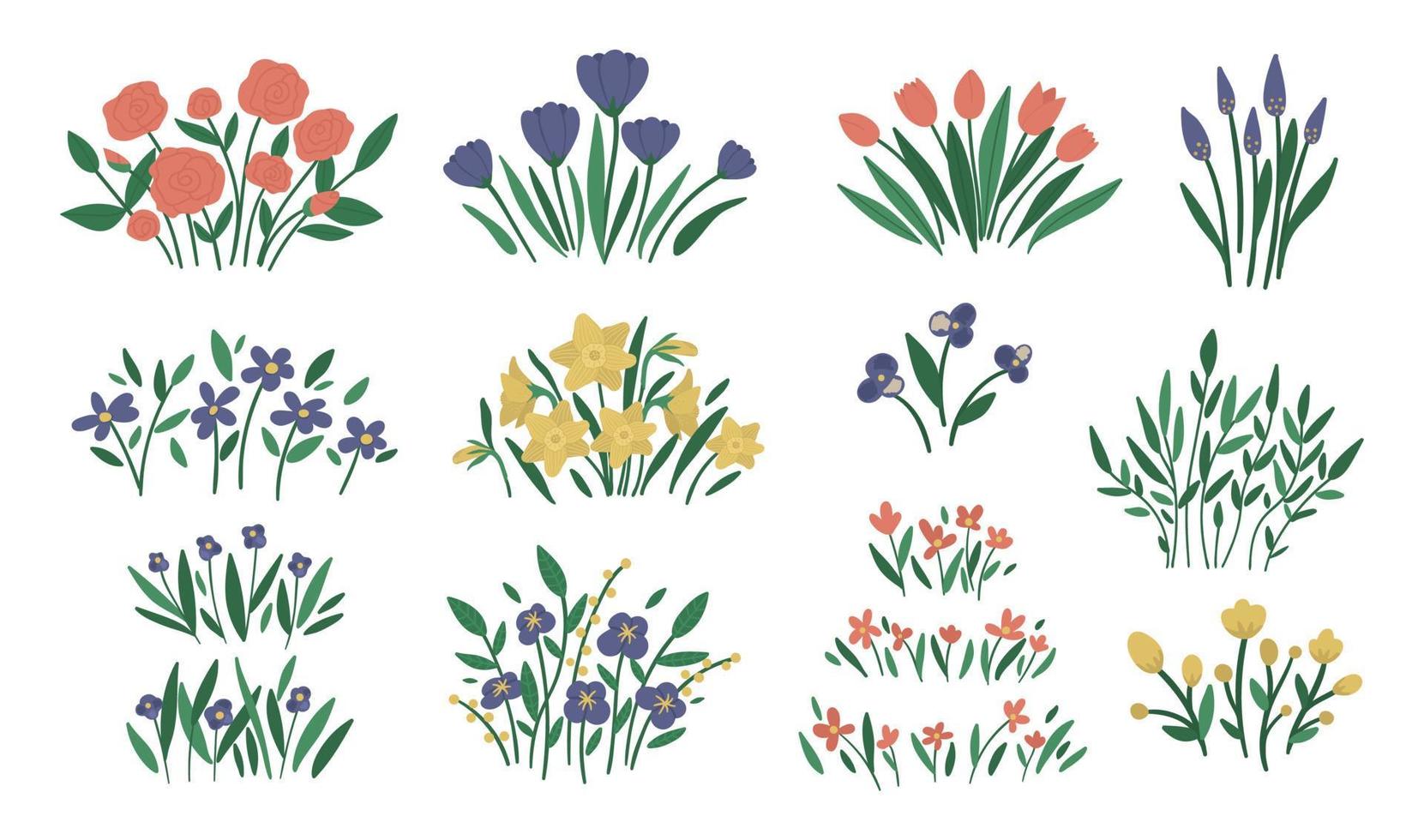 Vektor-Illustration von verschiedenen Blumenarrangements. dekorative Blumensträuße für den Garten. Sammlung schöner Frühlings- und Sommerkräuter und -blumen. vektor