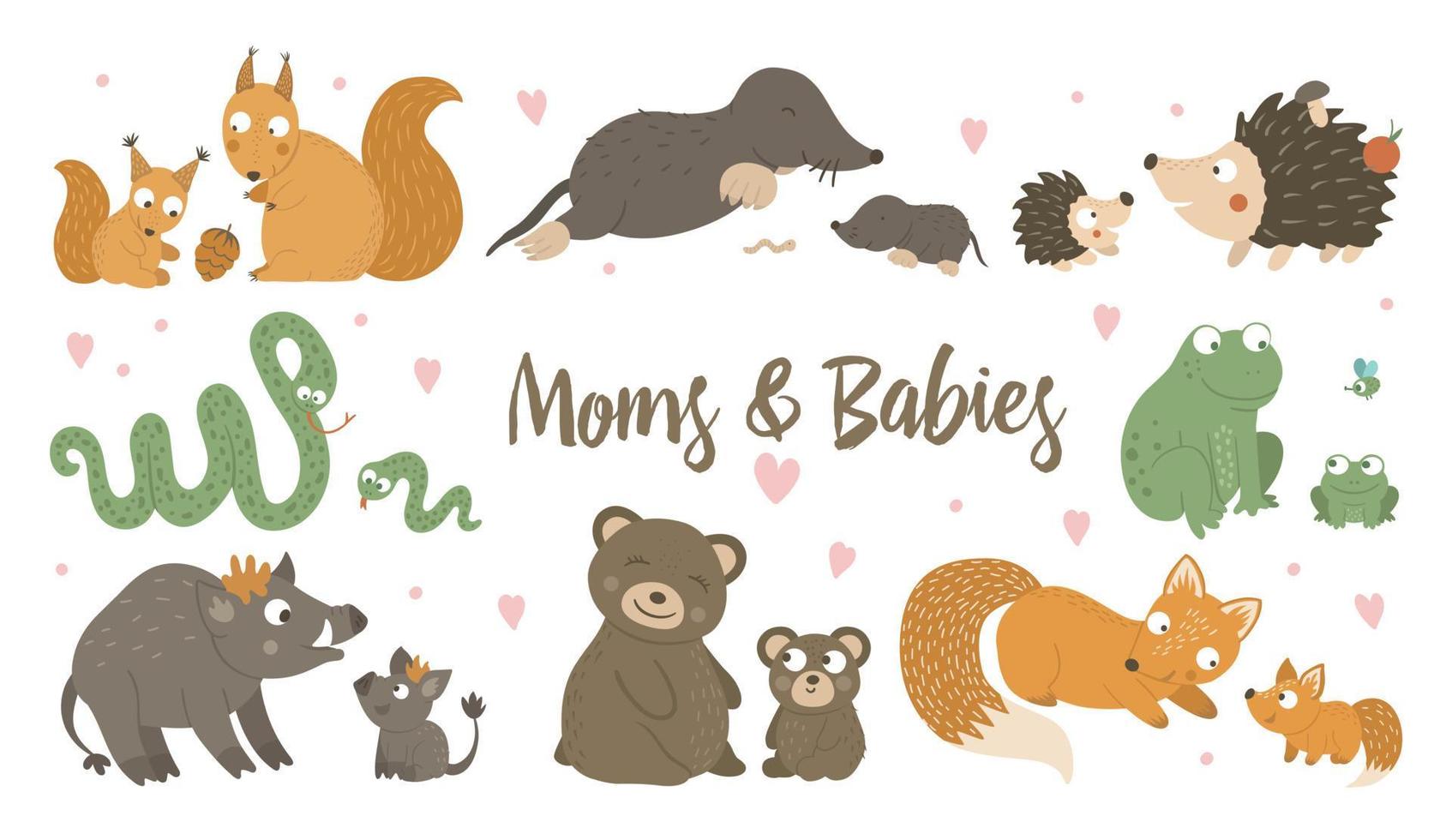 Vektor-Set von handgezeichneten flachen Tierbabys mit Eltern. lustige Waldtierszene, die Familienliebe zeigt. niedliche waldtierische illustration für muttertagsdesign vektor