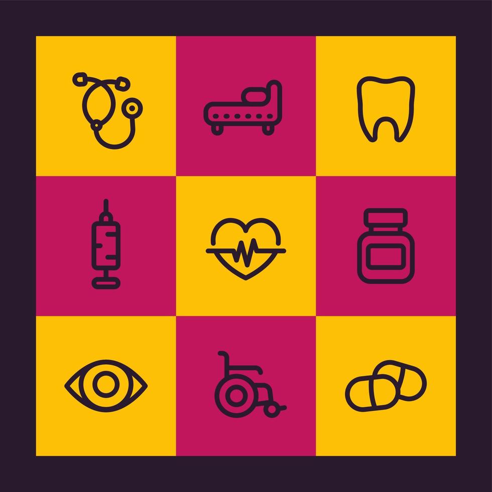 medizinische symbole im linienstil, stethoskop, medizin, spritze, gesundheitsversorgung, krankenhaus, augenheilkunde, kardiologie, pillen, rollstuhl vektor