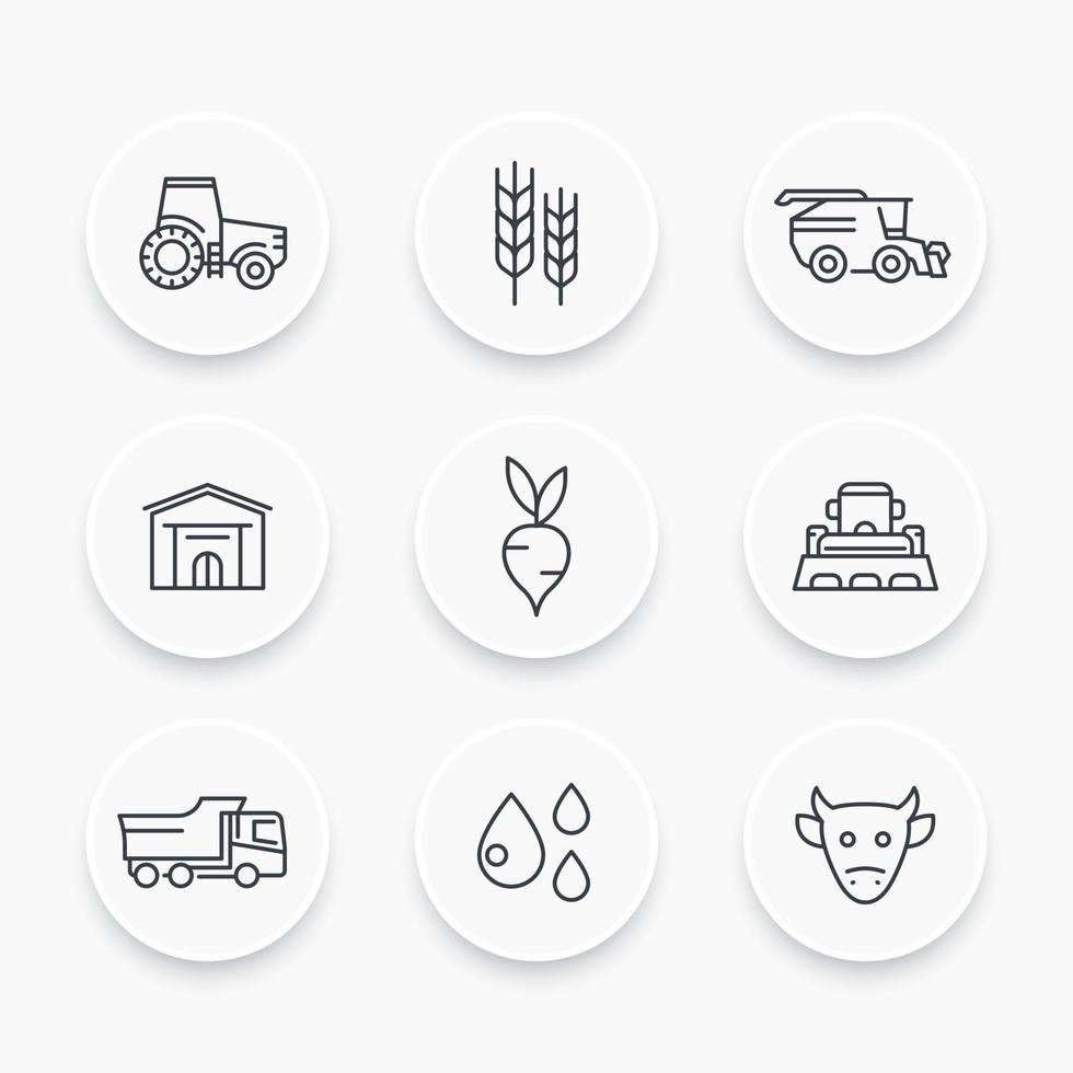 landwirtschaft, landwirtschaftliche liniensymbole gesetzt, traktor, agrimotor, ernte, vieh, landmaschinen, lagerung vektor