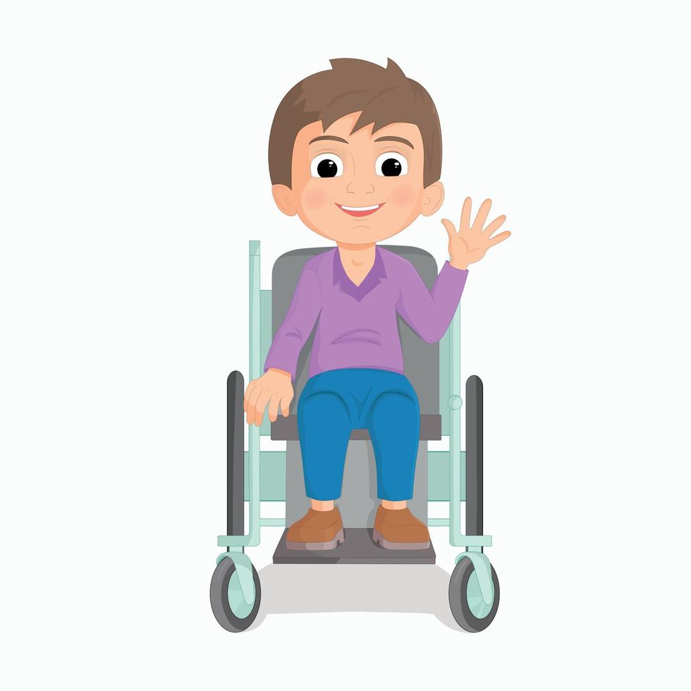 Illustration eines kleinen Jungen, der auf einem Rollstuhl auf einem weißen Hintergrund fährt vektor