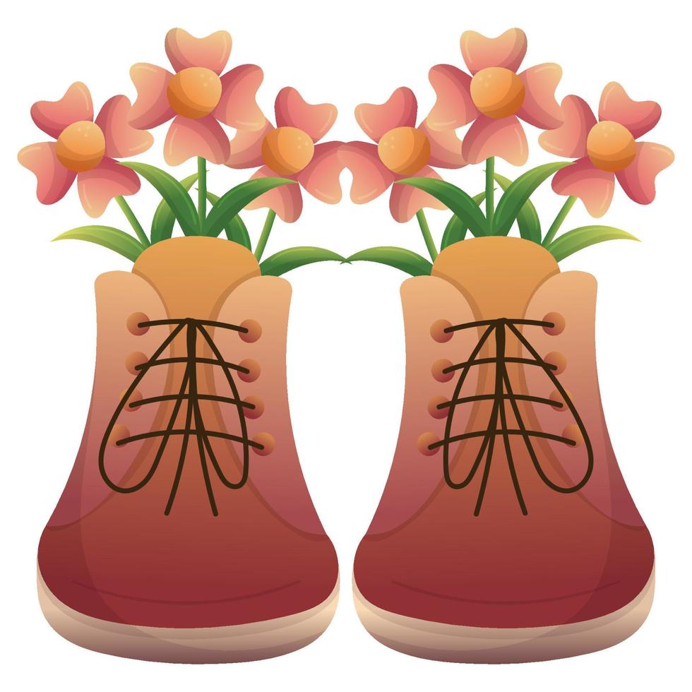 Stiefel mit Frühlingsblumenstrauß mit Blättern. vektor handgezeichnete isolierte illustrationen. flacher Cartoon-Stil.