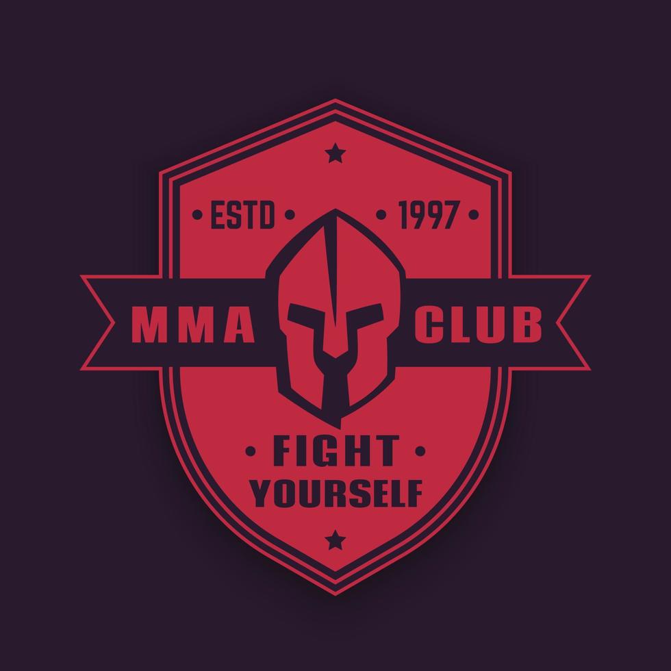 mma club vintage emblem, abzeichen, logo mit spartanischem helm auf schild, vektorillustration vektor