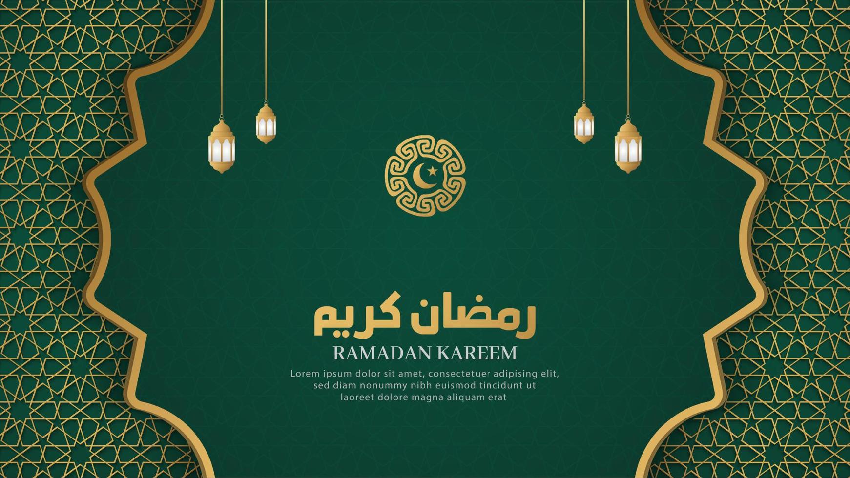 ramadan kareem islamischer arabischer grüner luxushintergrund mit geometrischem muster und schönen dekorativen laternen vektor