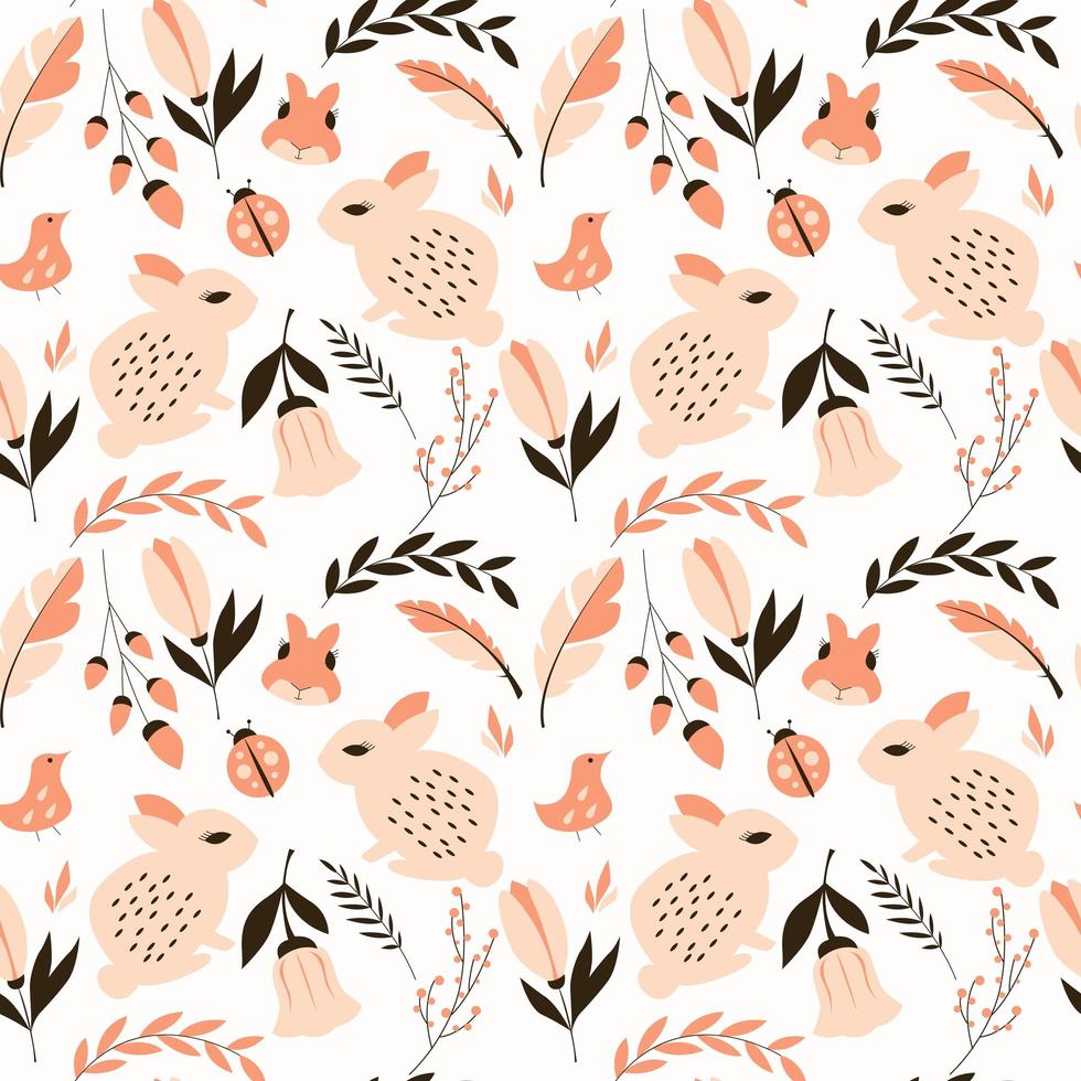 Nahtloses Muster mit Kaninchen, Damenwanzen, Vögeln und Blumen vektor