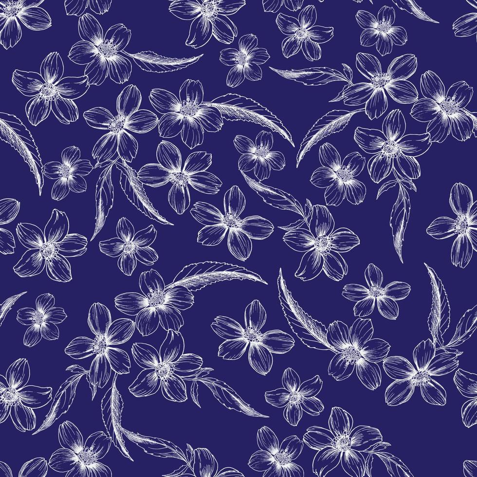 Modisches niedliches nahtloses Vektormuster mit weißen Skizzen von kleinen Blumen auf einem blauen Hintergrund. hintergrund für textilien, stoffe, abdeckungen, tapeten, druck, geschenkverpackung oder jeden zweck vektor