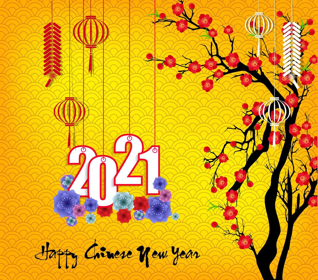 Chinesisches Neujahr 2021 mit Blüten auf gelb hängen vektor