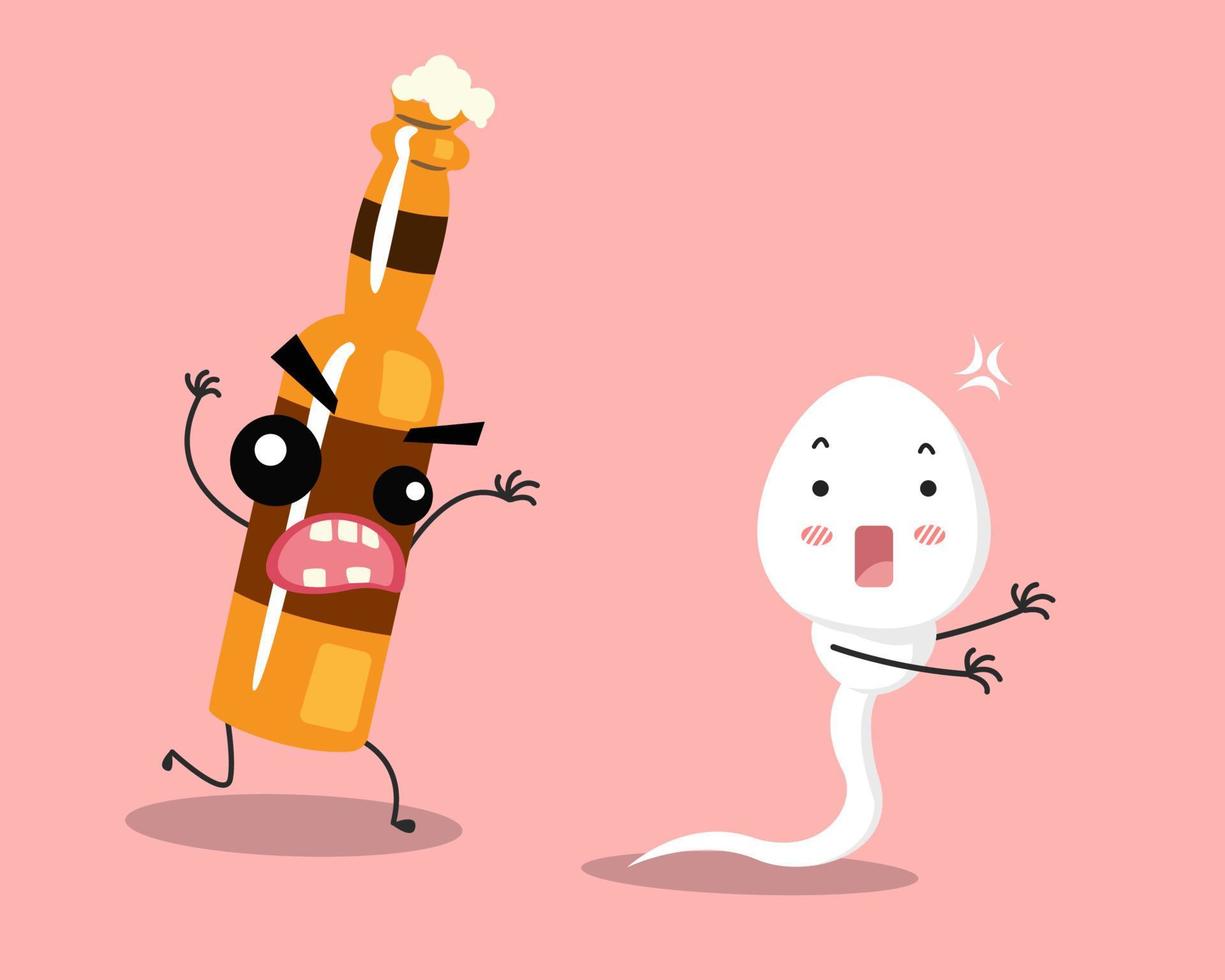sperma läuft vor alkoholflaschenkarikatur davon. ungesundes Spermien- und Eikonzept. Vektor-Illustration vektor