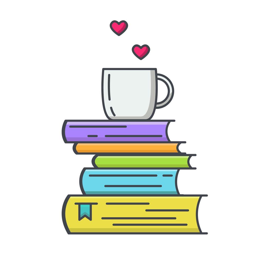 farbiges Liniensymbol des Bücherstapels und Tee- oder Kaffeetasse mit Herzsymbolen. vektor