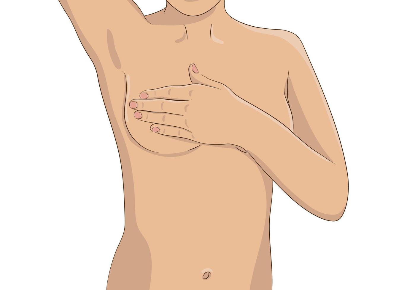 kvinna som utför månatlig bröstkontroll för tumör och knöl. bröst självundersökning, vektorillustration. del av kvinnlig bål med ena handen upp och andra handen över bröstet. vektor