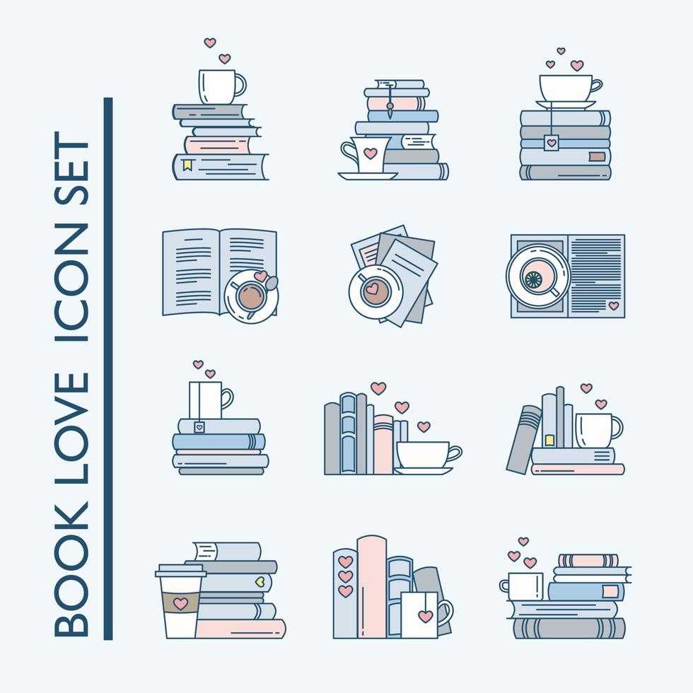 Buch-Liebe-Icon-Set. Buchstapel, Kaffee- oder Teebecher und Pappbecher. vektor