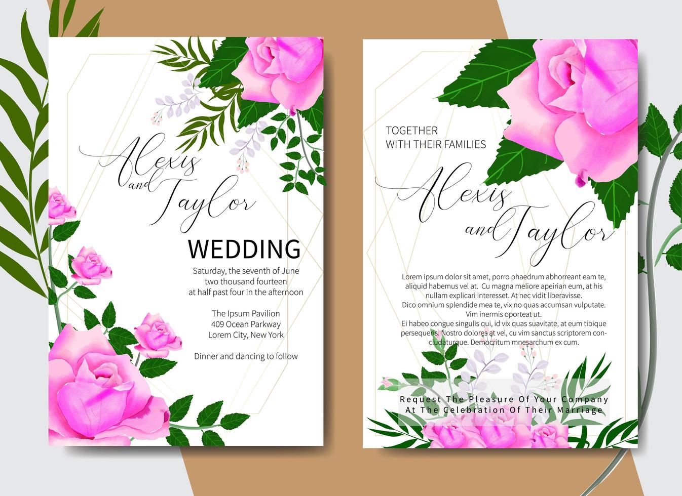akvarell bröllop inbjudningskort med rosor i hörn vektor
