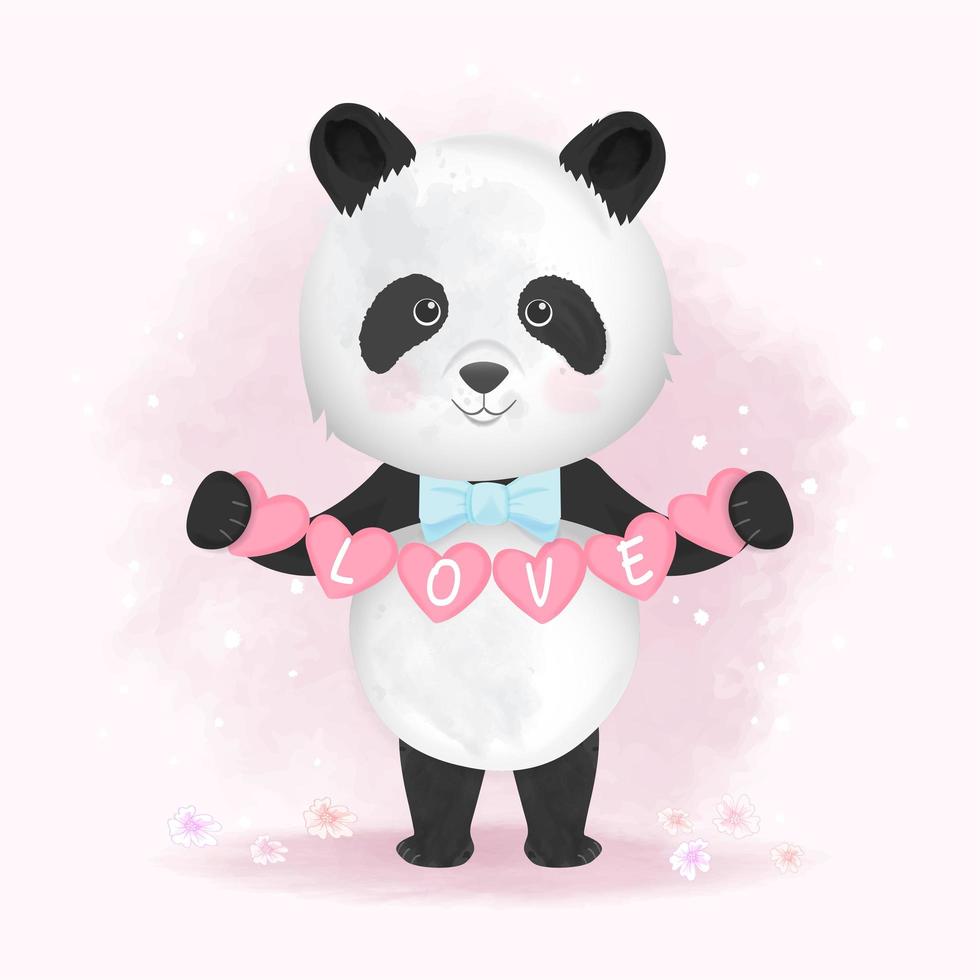 Hand gezeichneter Panda, der Herzen mit Liebestext hält vektor