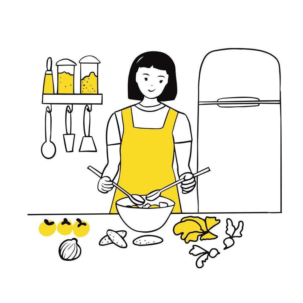 ung kvinna matlagning i köket. omrörning färsk grönsakssallad i en skål. hälsosam mat för en dejt eller middag. kost och vegansk mat. vektor
