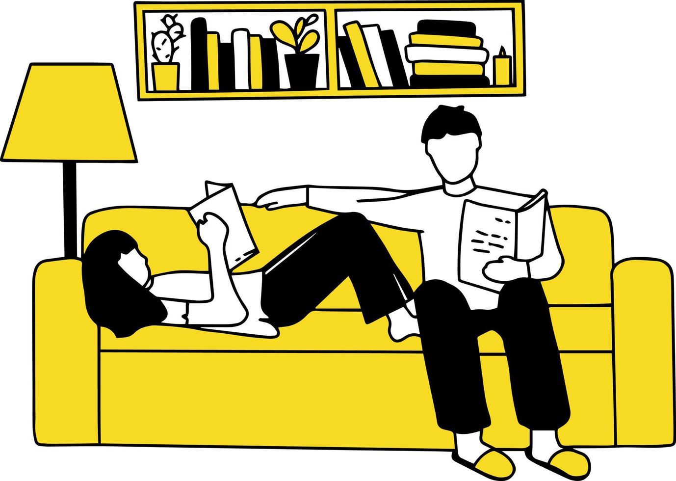 Ein junges Paar sitzt auf der Couch im Wohnzimmer. Sie lesen Bücher aus Papier. Liebe und Beziehungen. Lernen zu Hause, Familienaktivitäten zusammen vektor