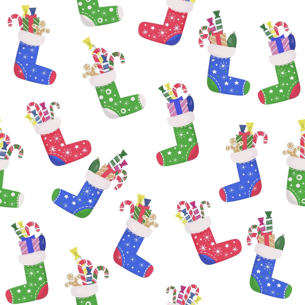 sömlös jul mönster. färgglada färgade strumpor med presenter och sött godis vektor