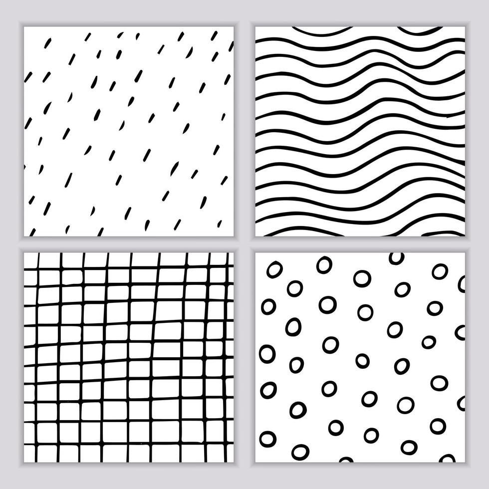 uppsättning geometriska mönster av handritade element. vektor bakgrund av ränder, prickar, cirklar i svart på vit bakgrund. modern minimalistisk design