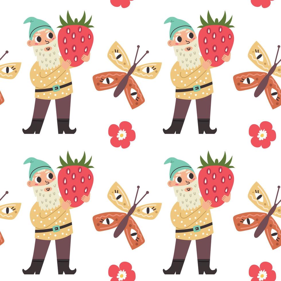 söt gnome mönster med fjärils jordgubbe vektor