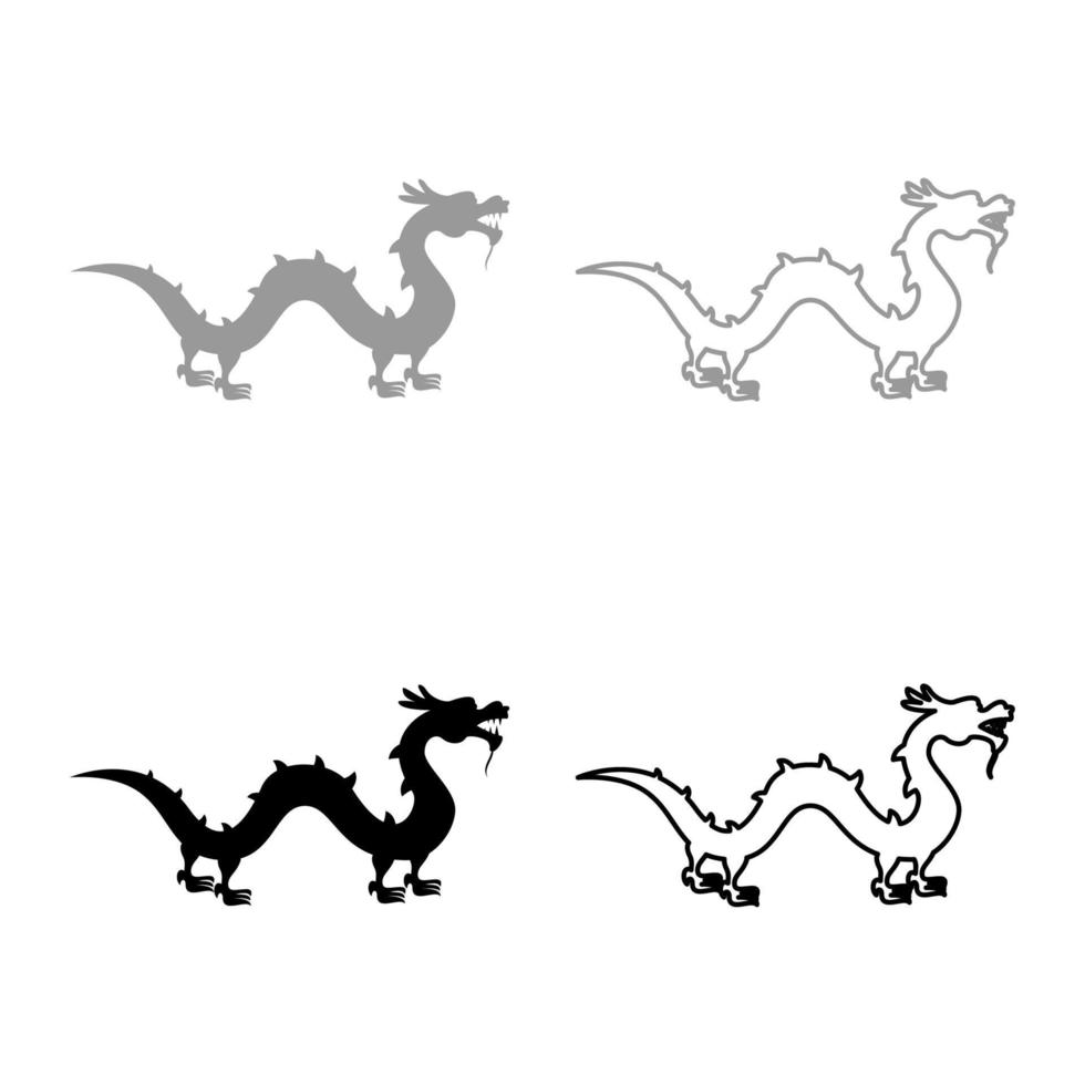 Chinesischer Drache Set Symbol grau schwarz Farbe Vektor Illustration Bild solide Füllung Umriss Konturlinie dünn flach Stil