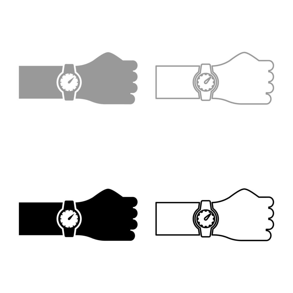 armbandsur till hands tid på klockan handuppsättning ikon grå svart färg vektorillustration bild solid fyllning kontur kontur linje tunn platt stil vektor