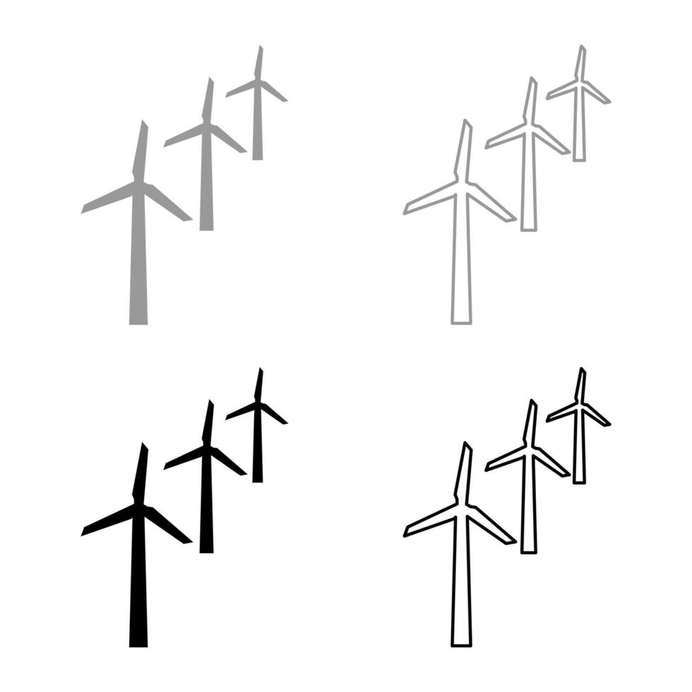 vindgeneratorer turbin kraft väderkvarn ren energi konceptuppsättning ikon grå svart färg vektorillustration bild fast fyllning kontur linje tunn platt stil vektor