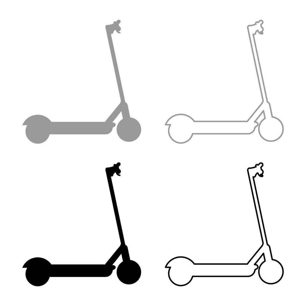 Scooter elektrische moderne Technologie Kick Öko Transport für Stadt Trotinette Set Symbol grau schwarz Farbe Vektor Illustration Bild solide Füllung Umriss Konturlinie dünn flach Stil