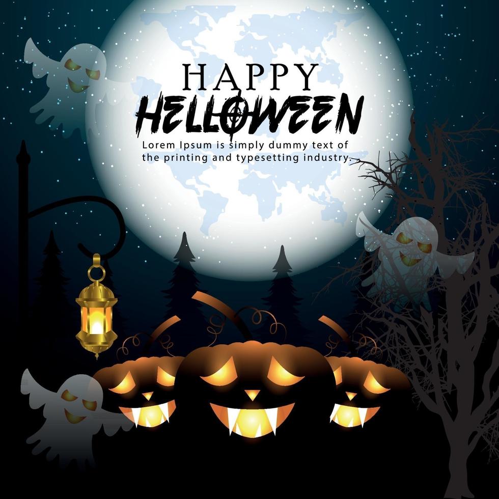glad halloween festkort med spökhus, fullmåne och glödande pumpa vektor
