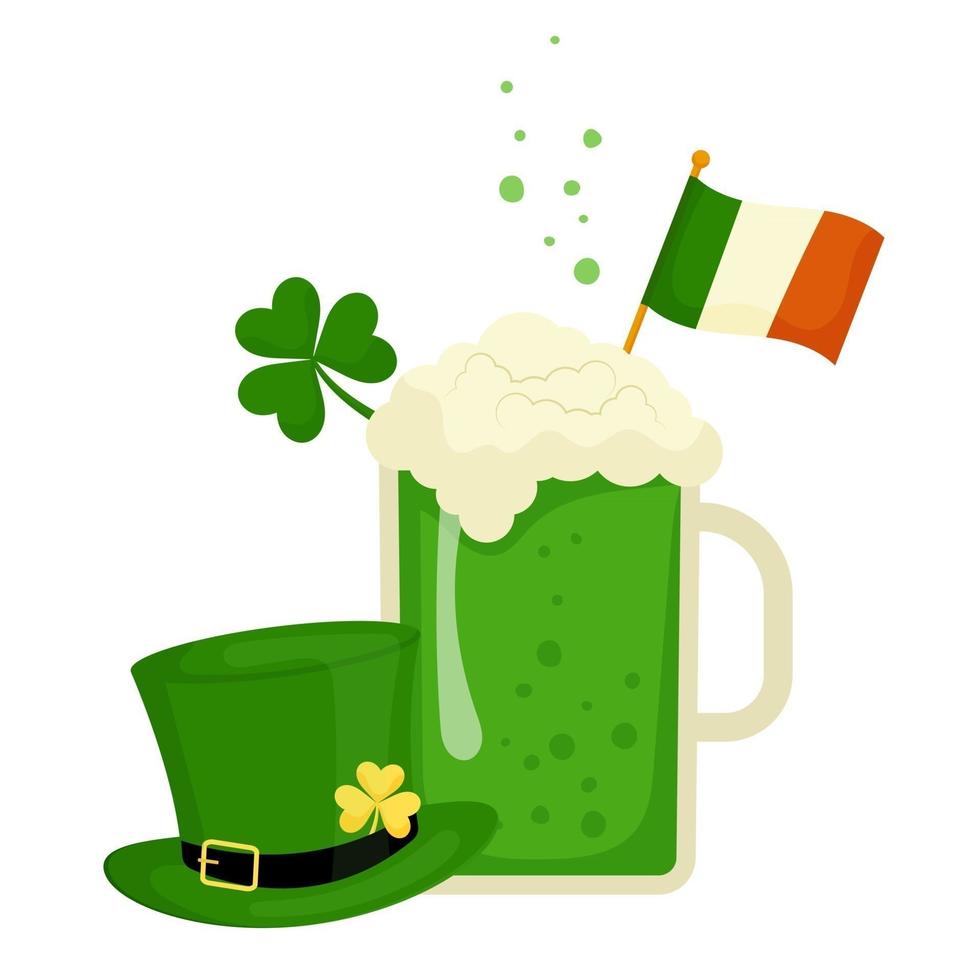 dansande leprechaun cocktail dekorerad med shamrock klöver och Irlands flagga. en leprechaun hatt. vektor illustration av st. Patricks dag, isolerad på en vit bakgrund.