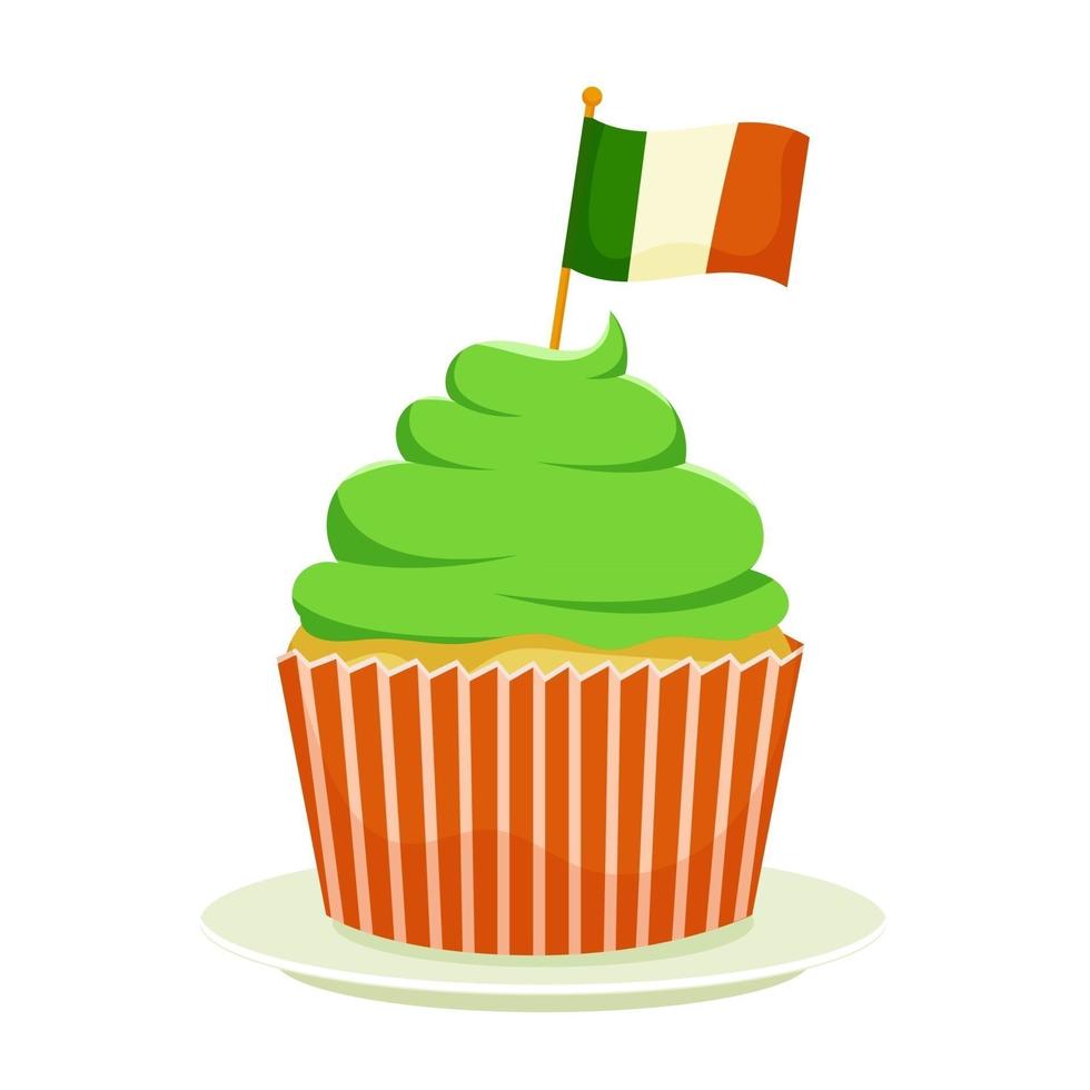 st. Patricks Cupcake, eine flache Cartoon-Dessert-Vektorillustration, die auf einem weißen Hintergrund isoliert ist. glücklich st. Patricks Day. vektor