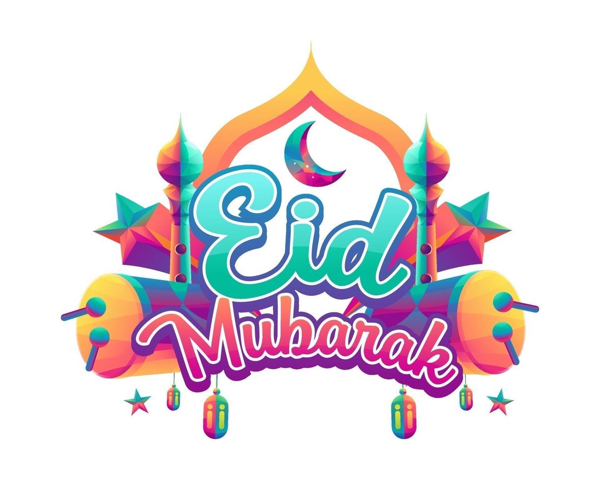 eid mubarak-vektorillustration mit halbmond, trommel, turm und bunten laternen auf weißem hintergrund vektor