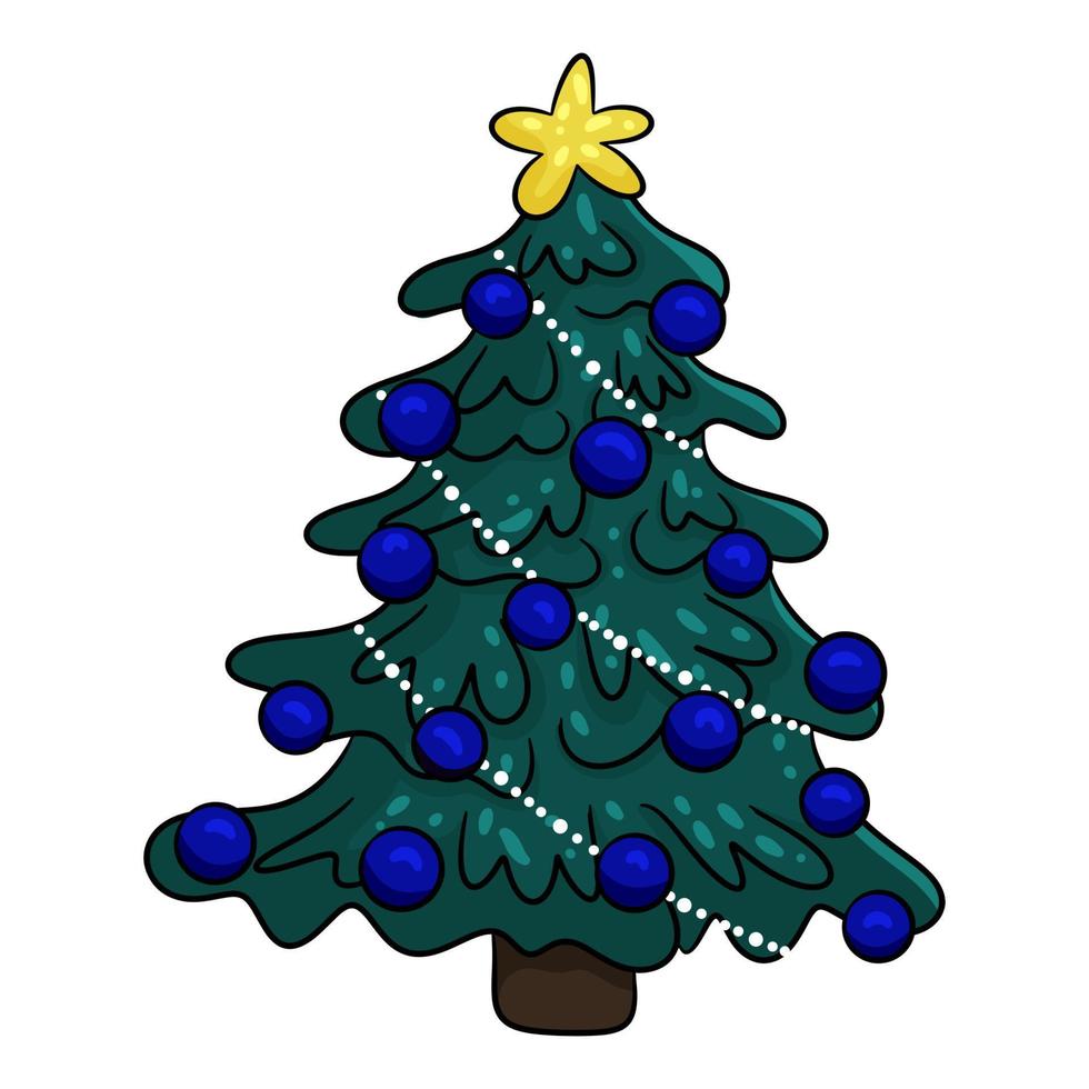 handgezeichneter weihnachtsbaum, geschmückt mit glaskugeln und einer girlande. isoliert auf weißem Hintergrund. vektorillustration, karikaturart vektor