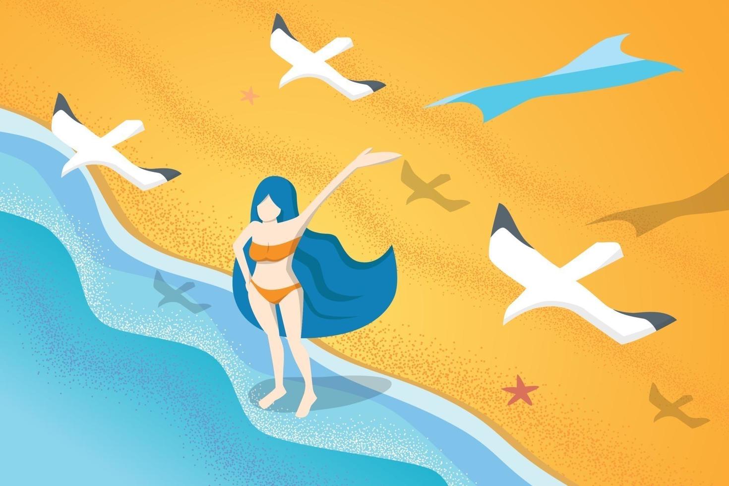 kvinna i bikini stativ på stranden känna dig fri på sommaren vektor