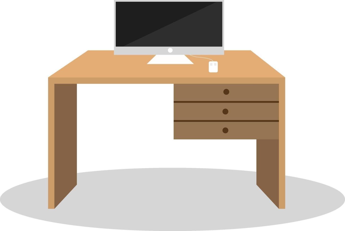 Schreibtisch mit Monitor, Illustration, Vektor auf weißem Hintergrund.
