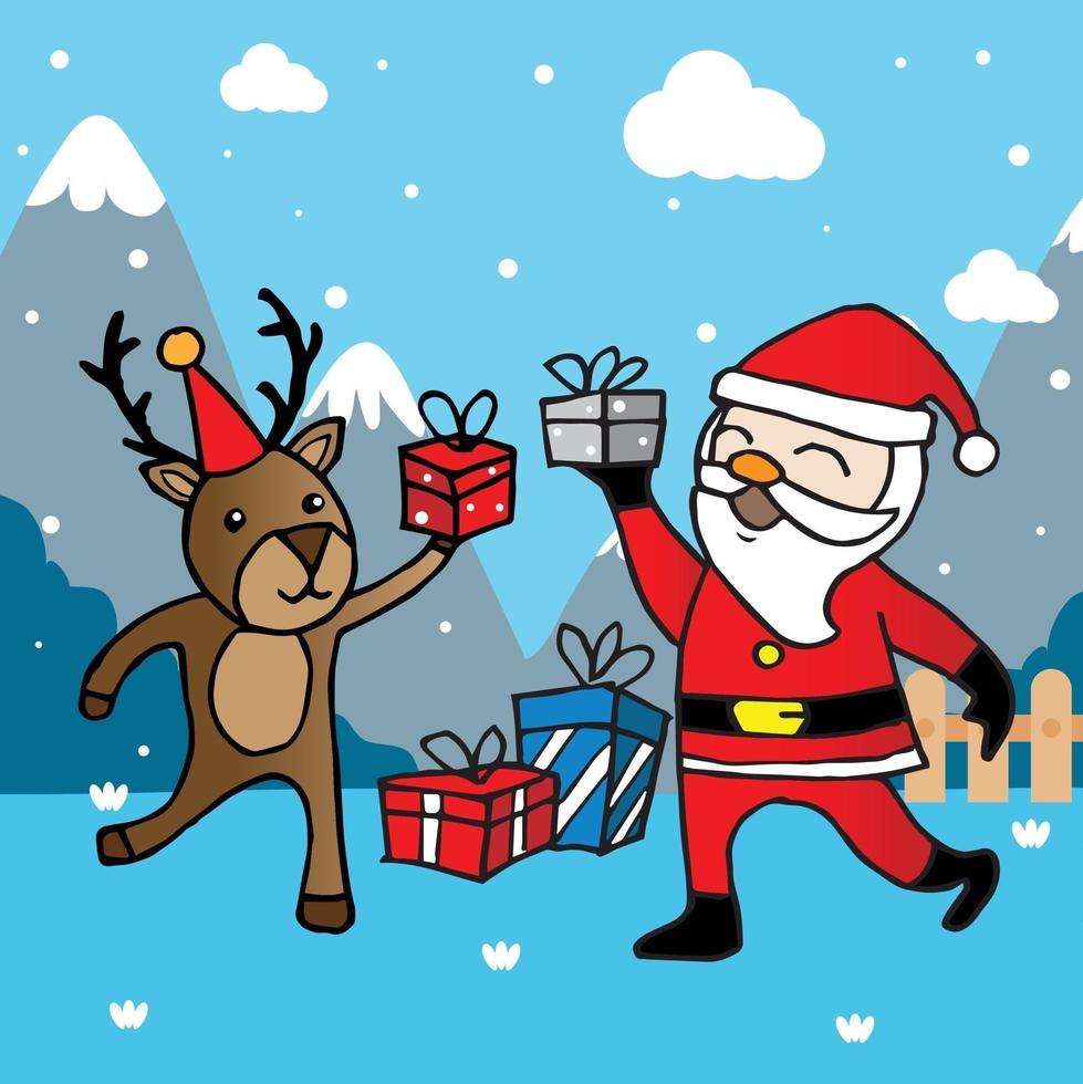 gratulationskort, julkort med jultomten, rådjur och snögubbe vektor