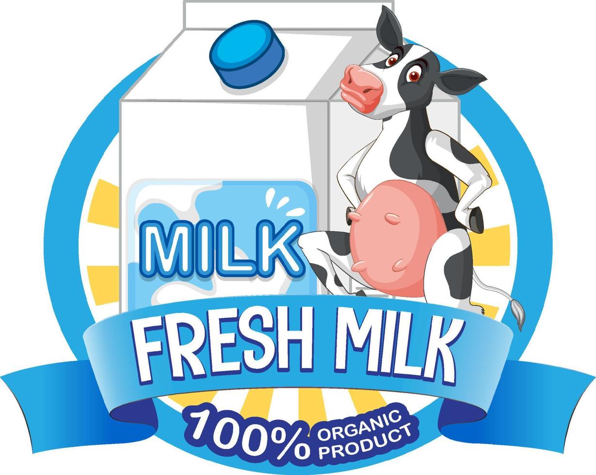 tecknad ko med färsk mjölk etikett vektor