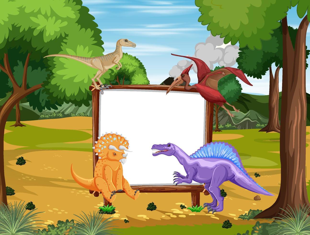 scen med dinosaurier och whiteboard i skogen vektor