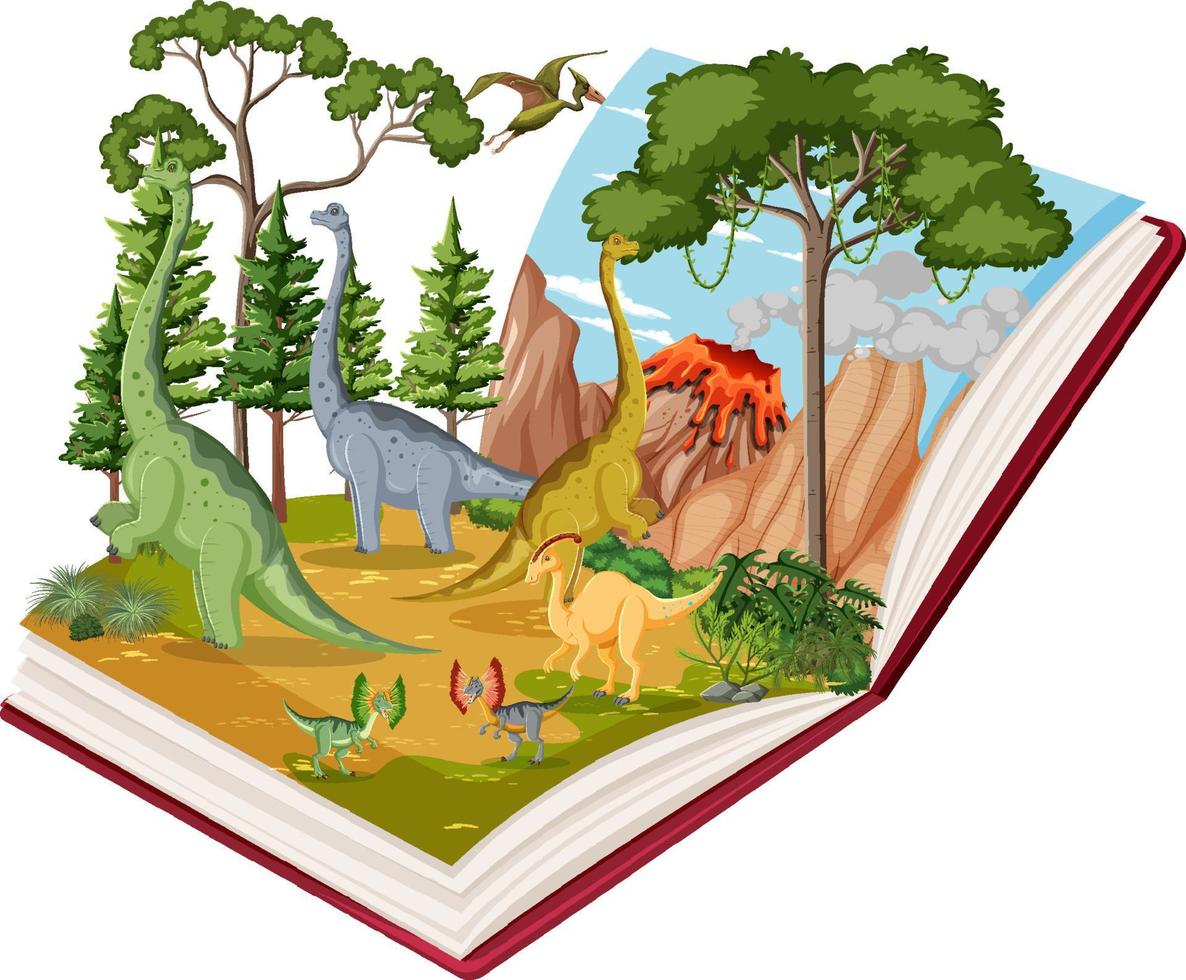 bok med scen av dinosaurier i skogen vektor