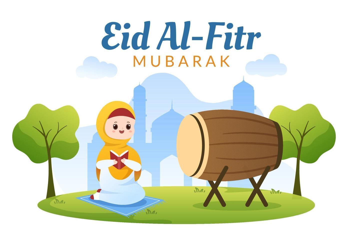 glad eid ul-fitr mubarak illustration. söt tecknad film av barn som spelar bedug eller trumma för att fira i platt stilbakgrund vektor