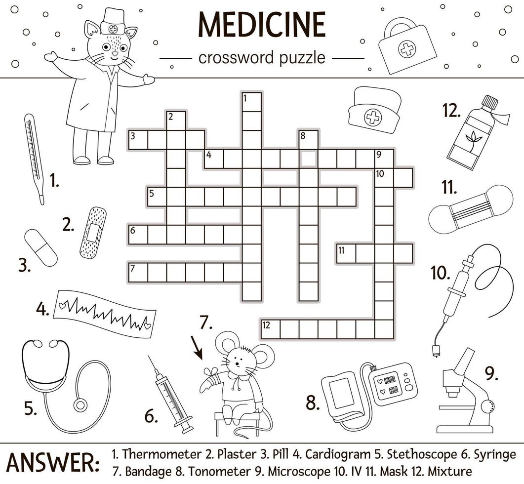 vektor sjukvård disposition korsord. medicin frågesport för barn. pedagogisk semesteraktivitet med söt medicinsk utrustning och läkare. rolig målarbok för barn