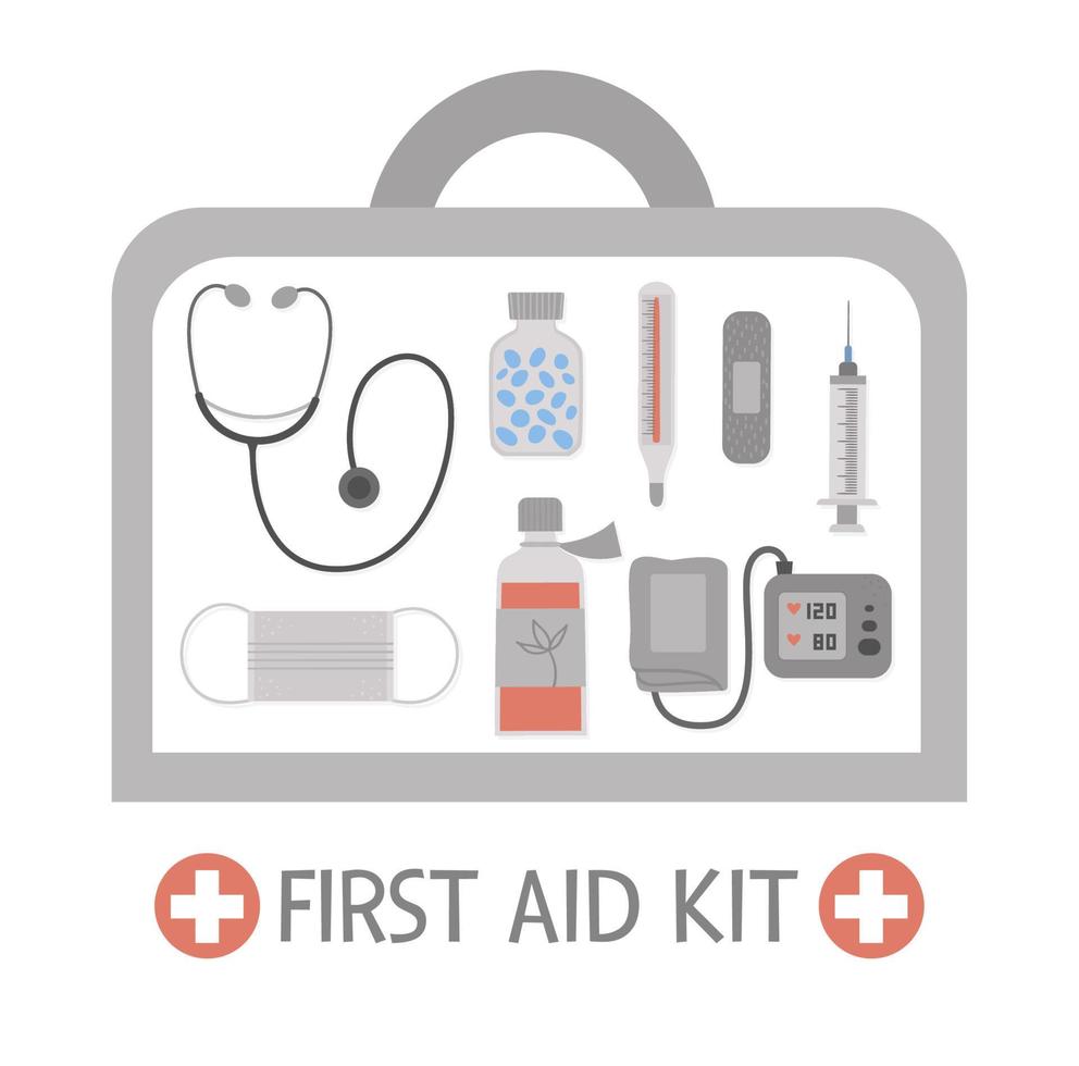 Vektor-Erste-Hilfe-Kasten mit Ausrüstung. medizinische notfallbox mit medizin, stethoskop, tonometer. Arztwerkzeuge in einer Tasche angeordnet vektor