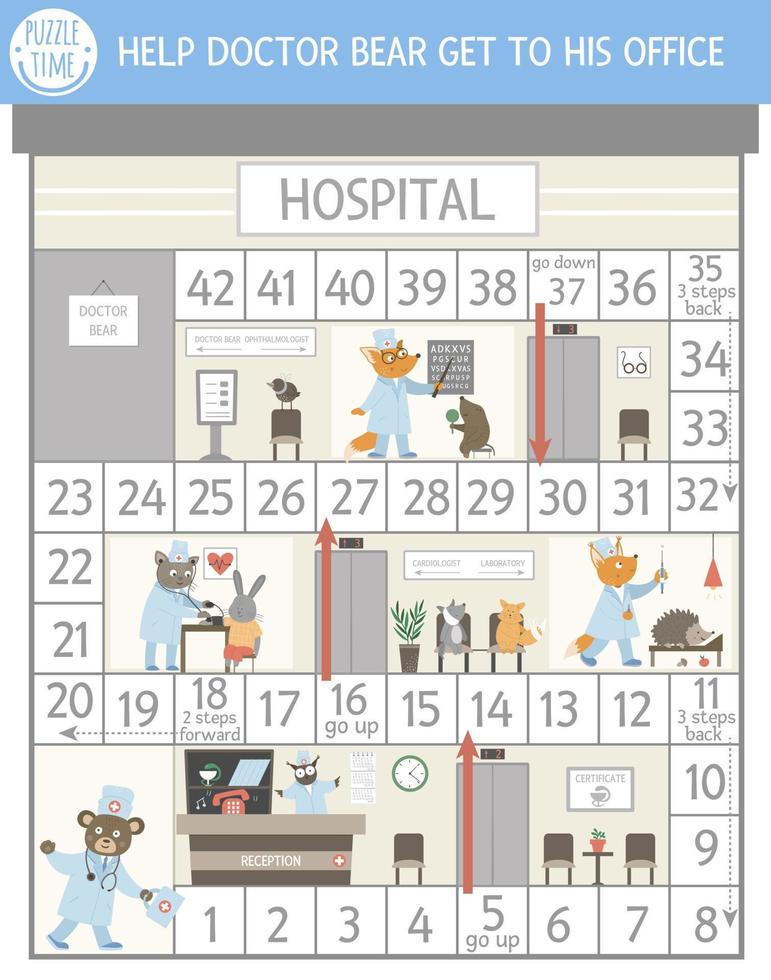 medizinisches Abenteuer-Brettspiel für Kinder mit niedlichen Charakteren. pädagogisches Medizin-Brettspiel. Gehen Sie durch die Krankenhaustätigkeit. Helfen Sie Doktor Bär, zu seinem Büro in einer Klinik zu gelangen. vektor