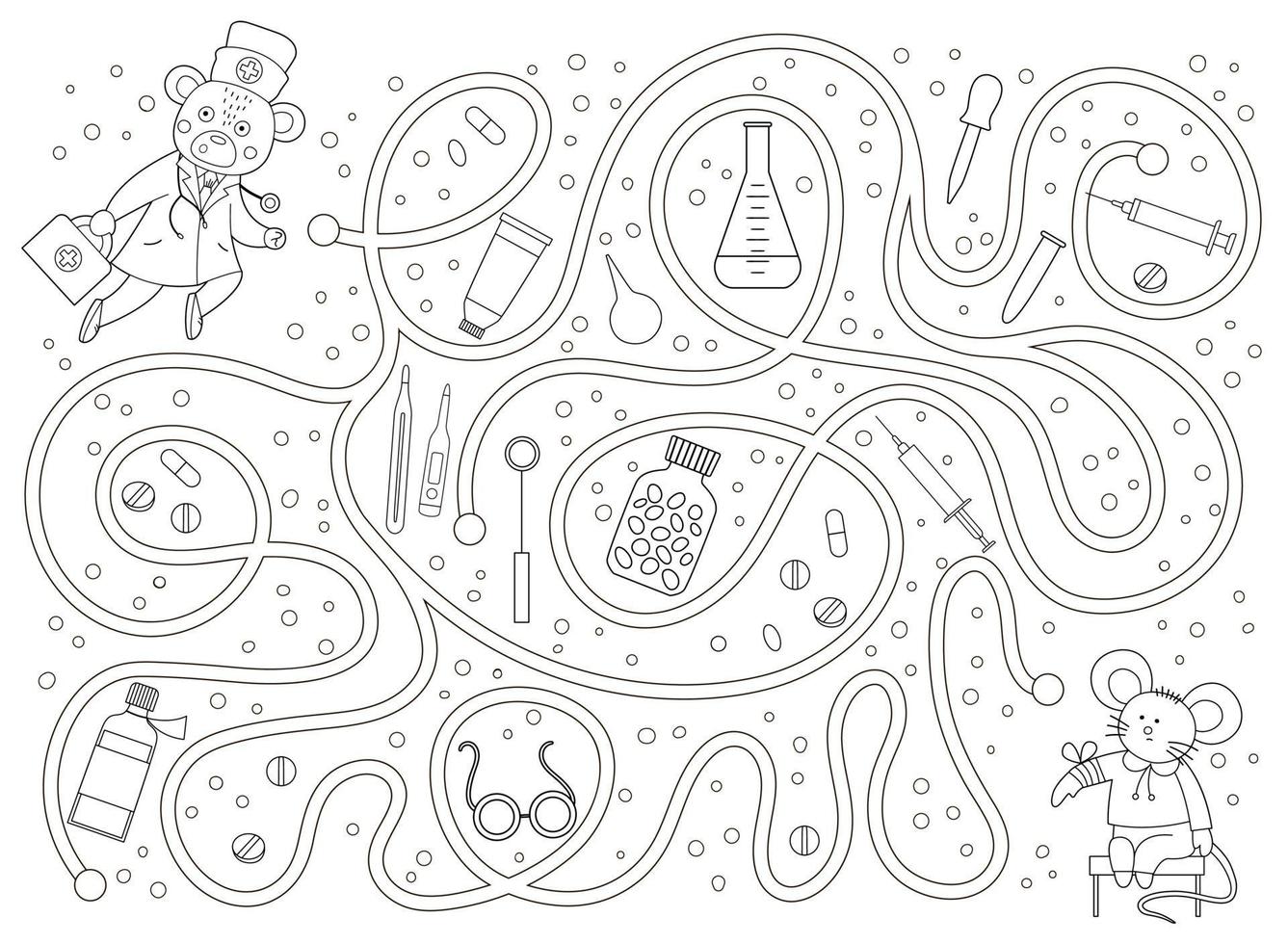 medicinsk kontur labyrint för barn. förskolemedicinsk verksamhet. roligt pusselspel och målarbok med söt doktorsbjörn, sjuk mus, piller, medicinutrustning. hjälpa läkaren att komma till patienten. vektor