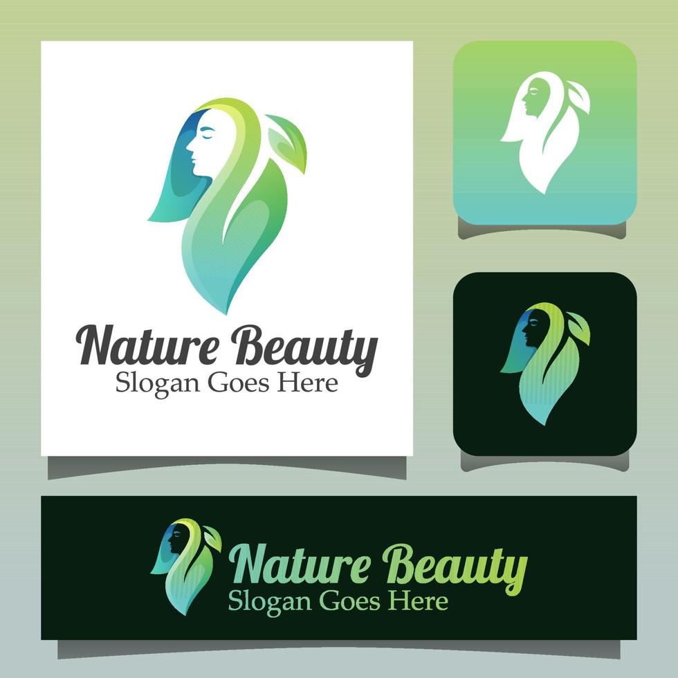 natur skönhet med löv logotyp, kvinna frisörsalong, kvinna löv logotyp design vektor