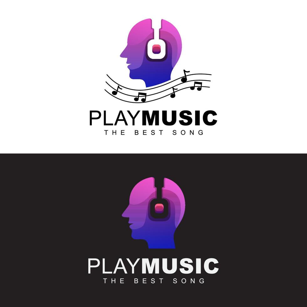 kopfhörer mit leuten spielen musiklogokonzept. bestes musiklogo spielen. Musik Mann menschlicher Kopf Logo Design Vektorvorlage vektor