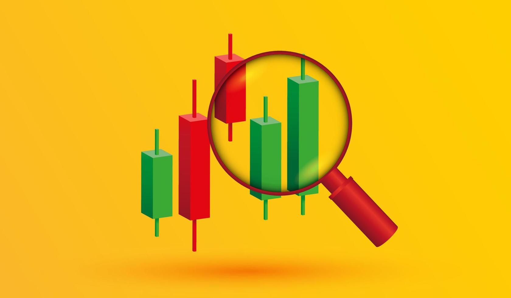 tillväxt lager diagram finansiell graf. ljusstake med förstoringsglas handelslager eller forex 3d ikon vektor illustration stil