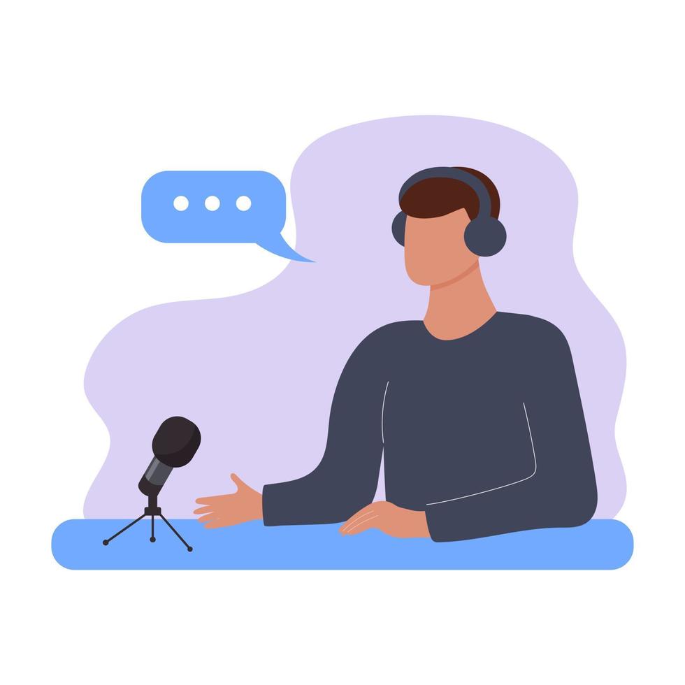 man med hörlurar prata och spela in online podcast med mikrofon. intervju, radio, podcast, onlineshow, vloggkoncept. vektor