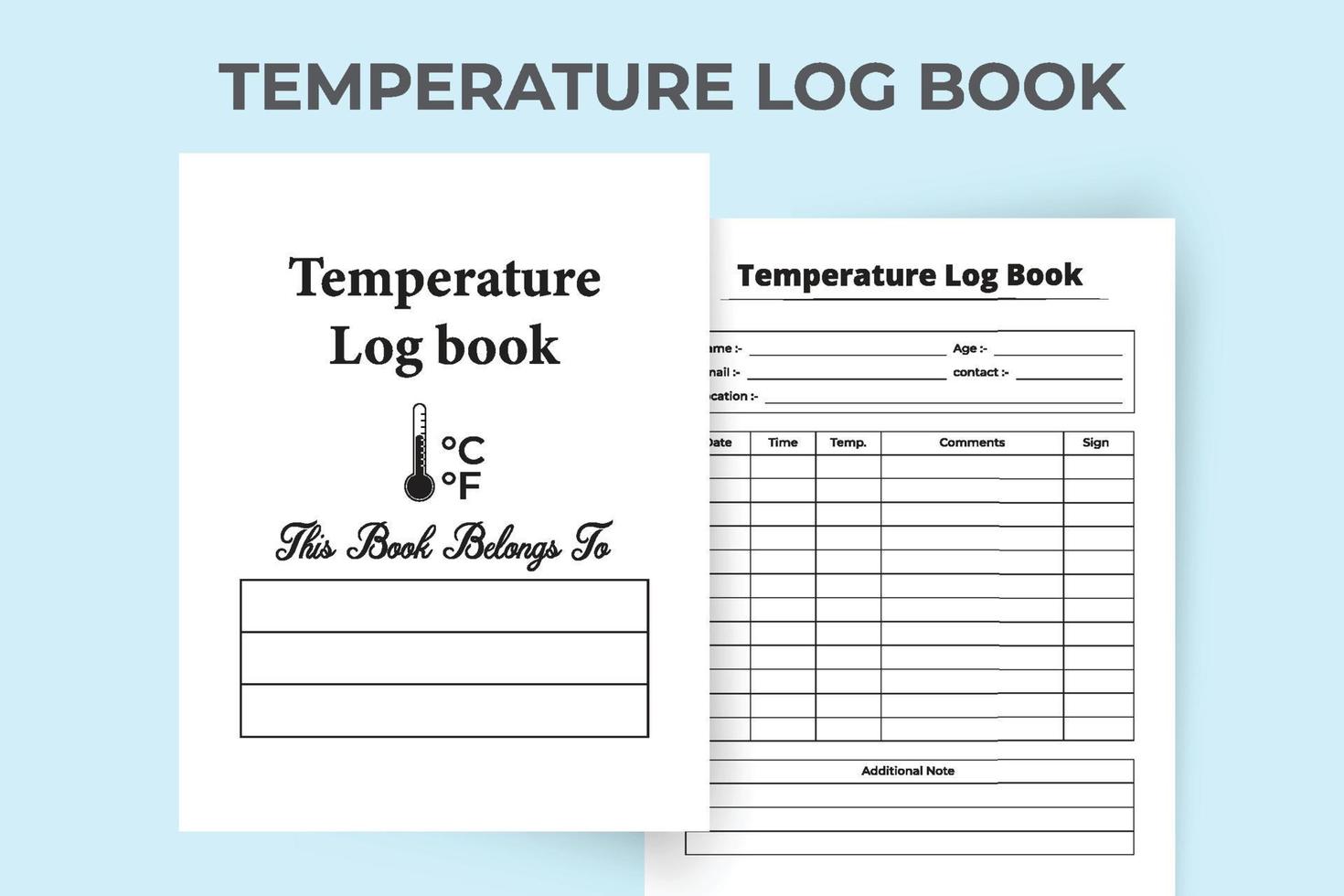 Innenraum eines Temperaturnotizbuchs mit einem Thermometer. Körperwärmeprüfer des Patienten und Vorlage für den Medikationsplaner. Inneres einer Zeitschrift. medizinische Informationen und Fiebertemperatur-Tracker. vektor